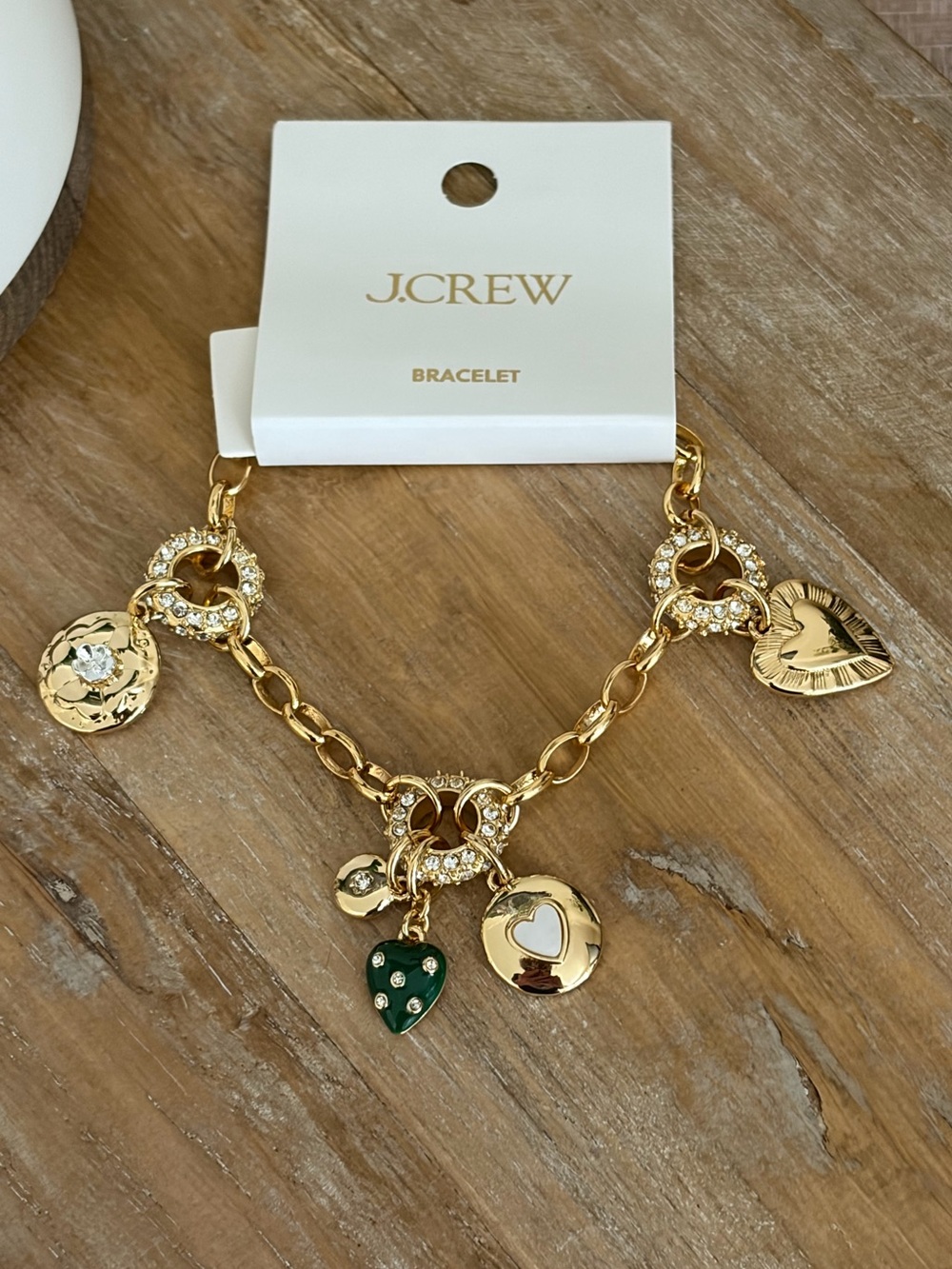 J. Crew Gold-Tone Charm Bracelet with Heart and Dangle Charms 🆕